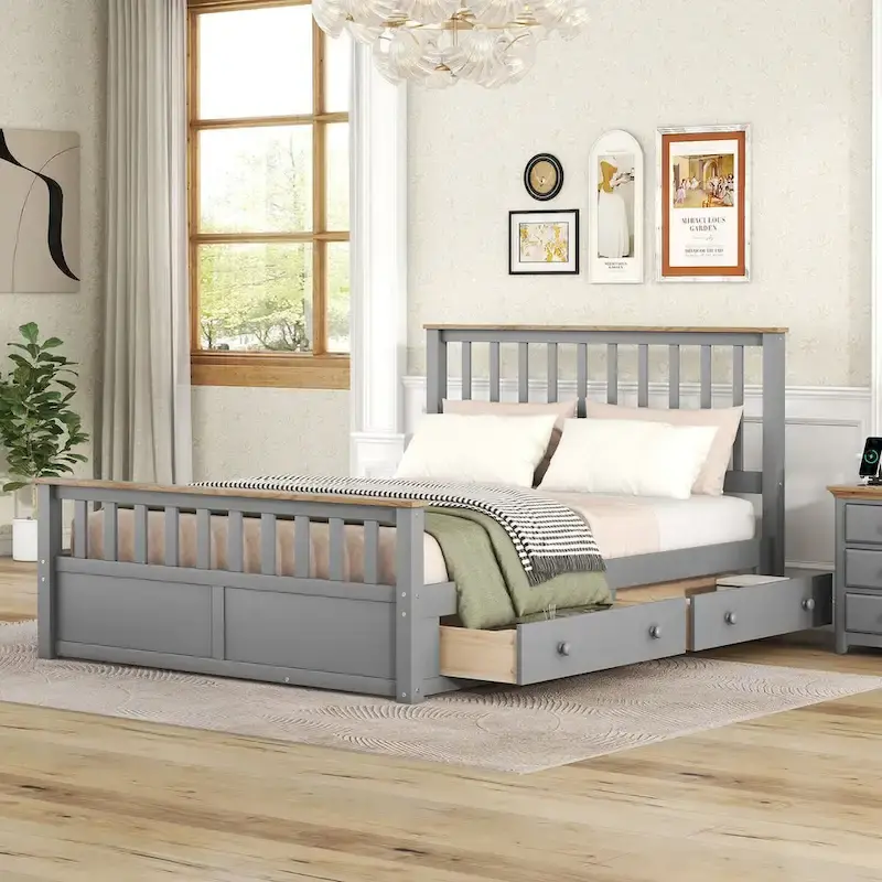 Wood Platform Bed with 2 Storage Drawers – Natural Wood, Classic Style, Sleeps 1-2