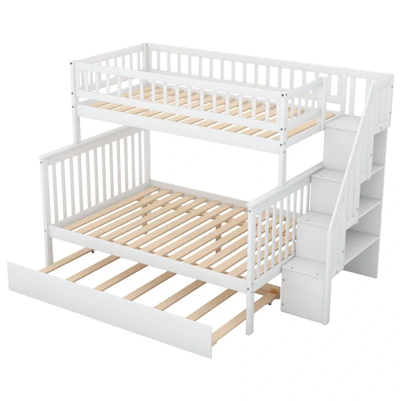 Twin over Full Bunk Bed with Trundle and Staircase,Gray