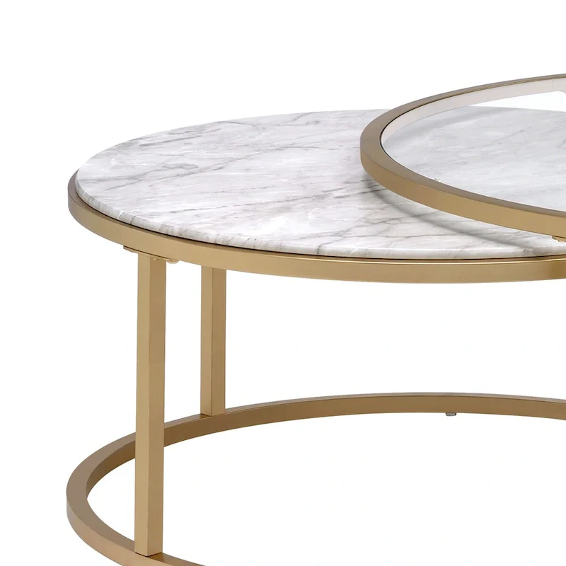 Metal Framed Nesting Coffee Tables with Glass and Marble Tops, Set of Two, Gold - 15.75 H x 36 W x 36 L Inches