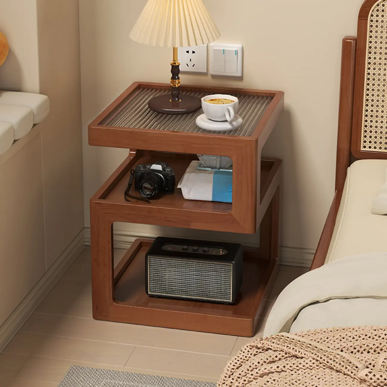 Organic Wood Bedside Cabinet with Glass Top Nightstand