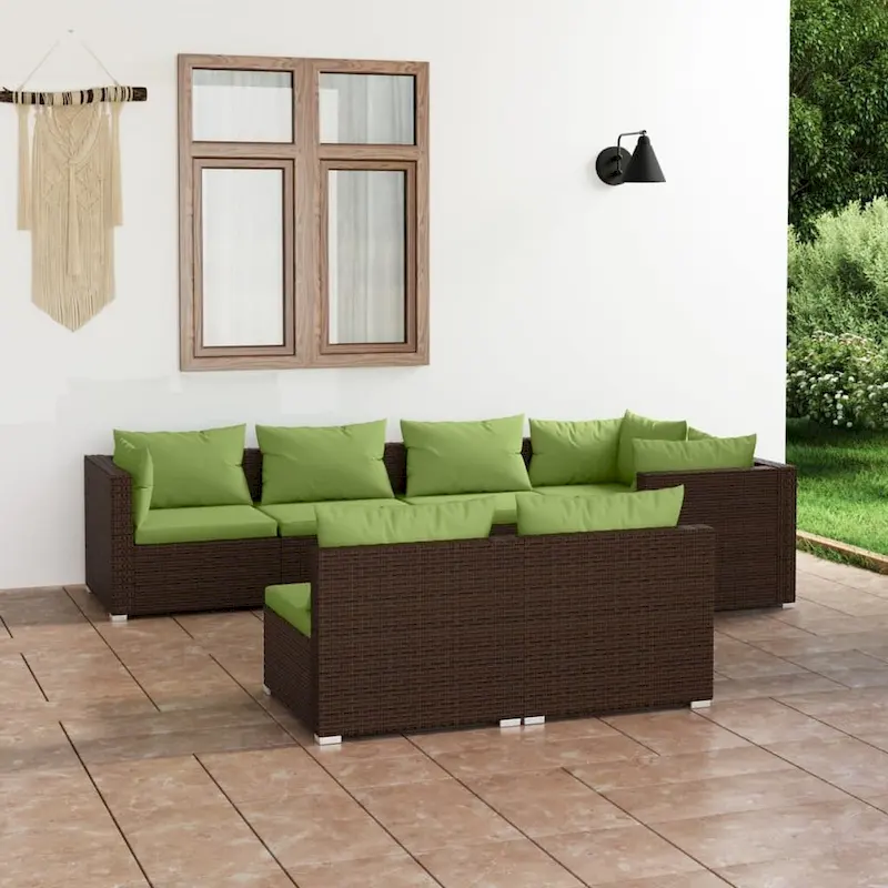 vidaXL Patio Lounge Set with Cushions Brown Poly Rattan - 27.6  x 27.6  x 24  - 27.6  x 27.6  x 24