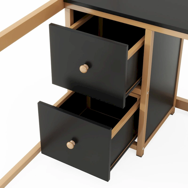 Gold+Black Full Metal Loft Bed with Desk, Drawers & Charging Station