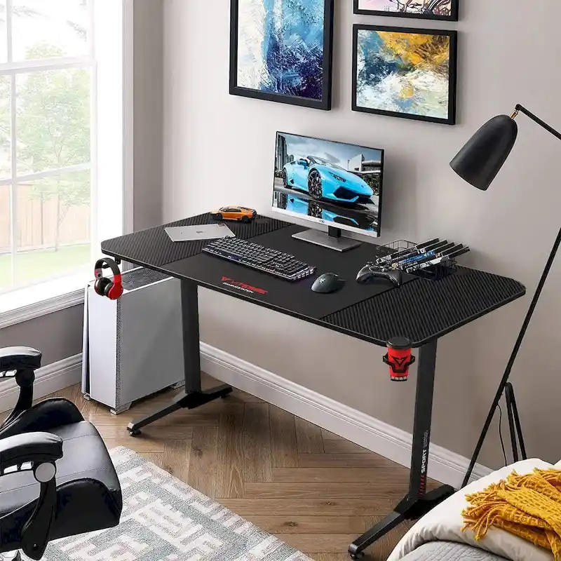 BOSSIN Ergonomic Gaming Desk T-Shaped Office PC Computer Desk with Full Desk Mouse Pad, Handle Rack, Cup Holder Headphone Hook