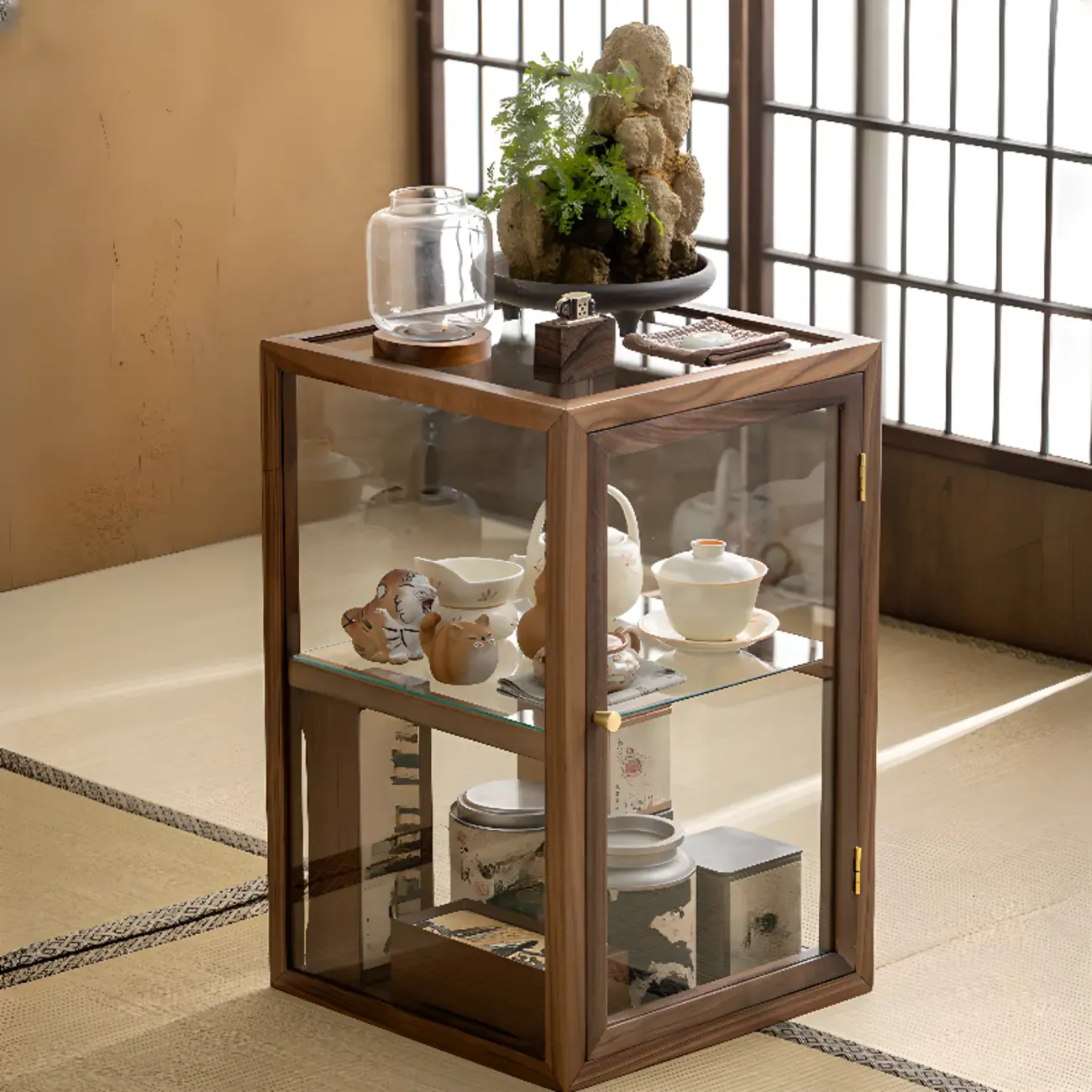 Modern Brown Wood Curio Cabinet with Glass Shelves