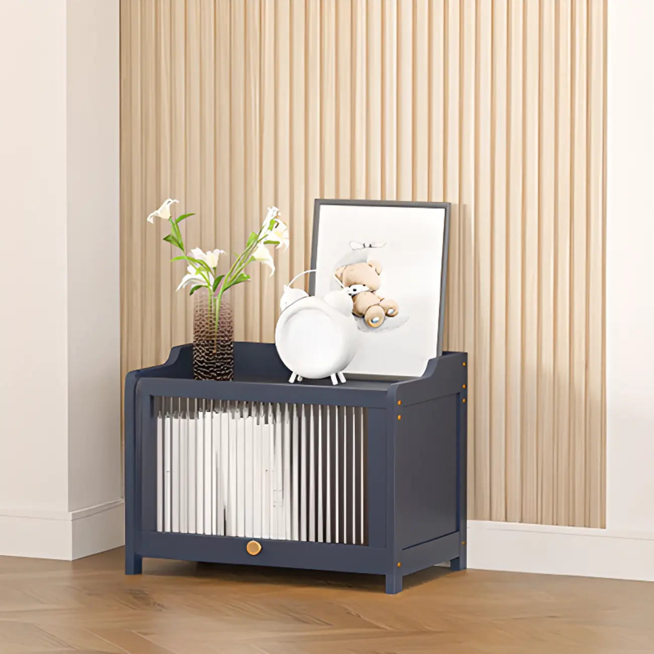 Vertical Bamboo Cabinet Glass Doors Bookcase Grey