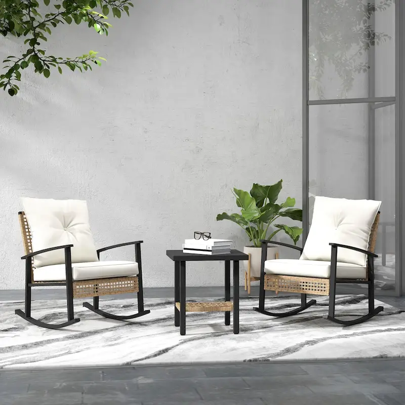 Outsunny 3 Piece Patio Bistro Set, Wicker Furniture Set with Button Tufted Cushions, Rattan Rocking Chairs and Coffee Table