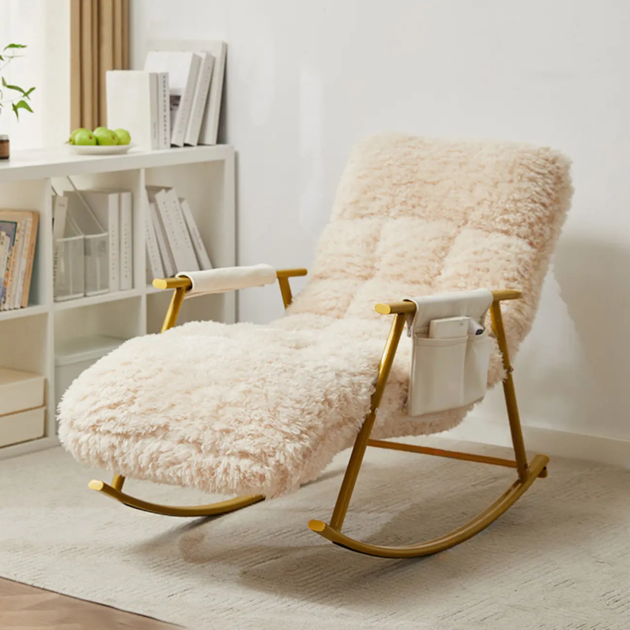 Modern Cotton Upholstered Metal Rocking Chair in White