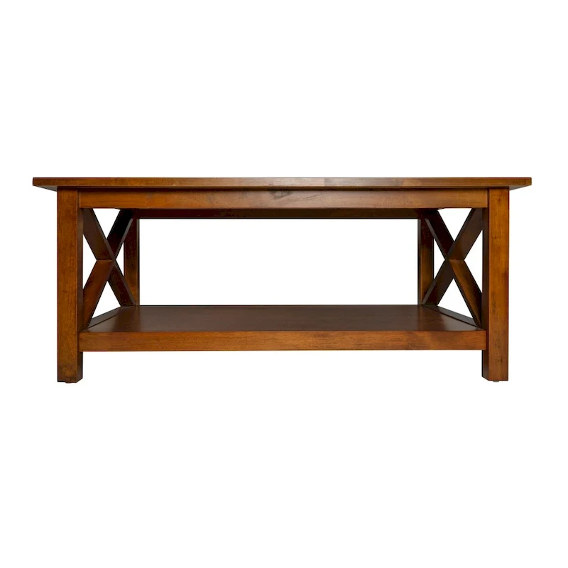 Farmhouse X-Frame Coffee Table with Shelf, Acacia Gray/Dark Gray/Walnut, Solid Wood