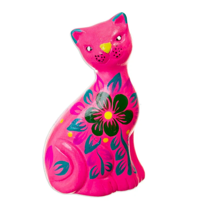 Novica Handmade Sweet Cat In Pink Ceramic Figurine