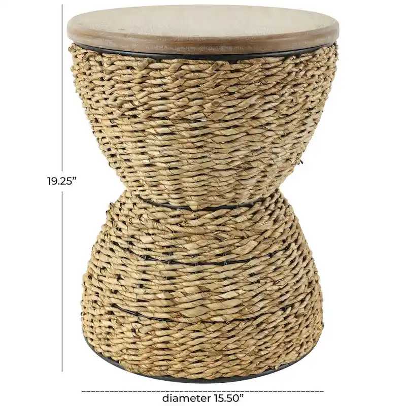 Rattan Handmade Woven Side End Accent Table with Wood Tabletop and Black Frame - Light Brown or Brown