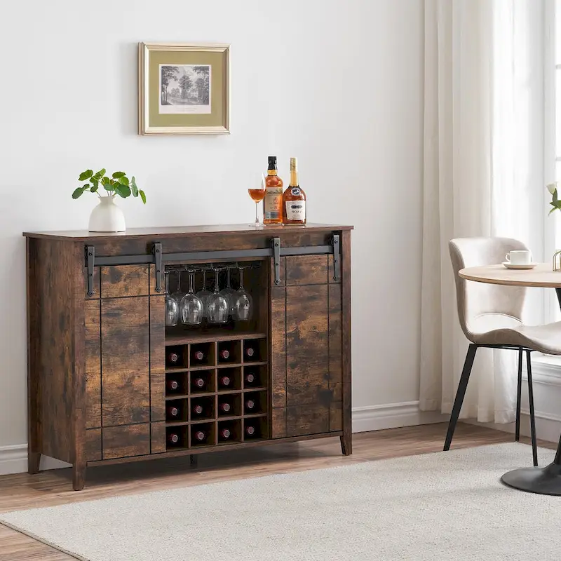 Farmhouse 47 Wine Bar Cabinet Buffet Sideboard Cabinet with 16 Bottle Wine Rack - 15.7D x 47.2W x 34.61H