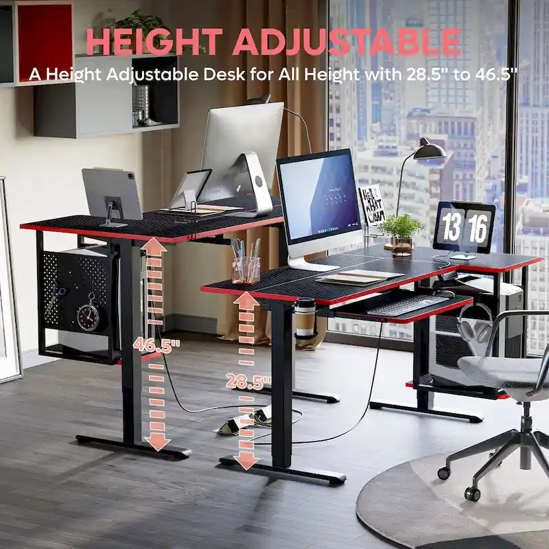 57 inch Electric Standing Desk Adjustable Height L Shaped Desk with Keyboard Tray and Host Shelf