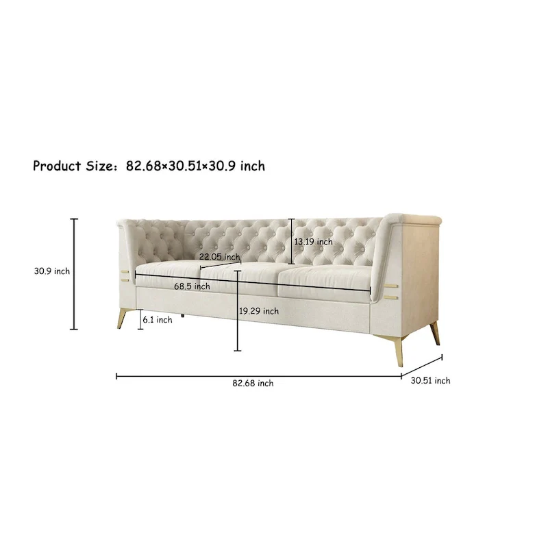 82.7  Velvet 3-Seater Sofa with Gold Metal Legs