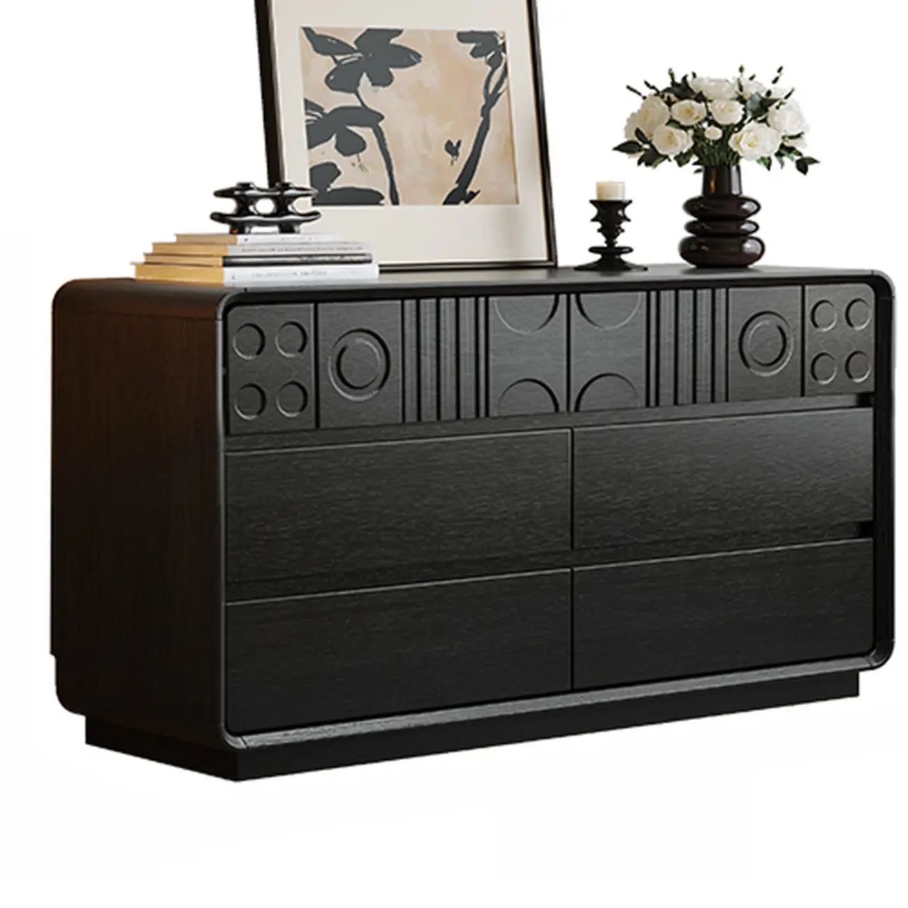 Art Deco Inspired Wood Dresser with Geometric Carvings