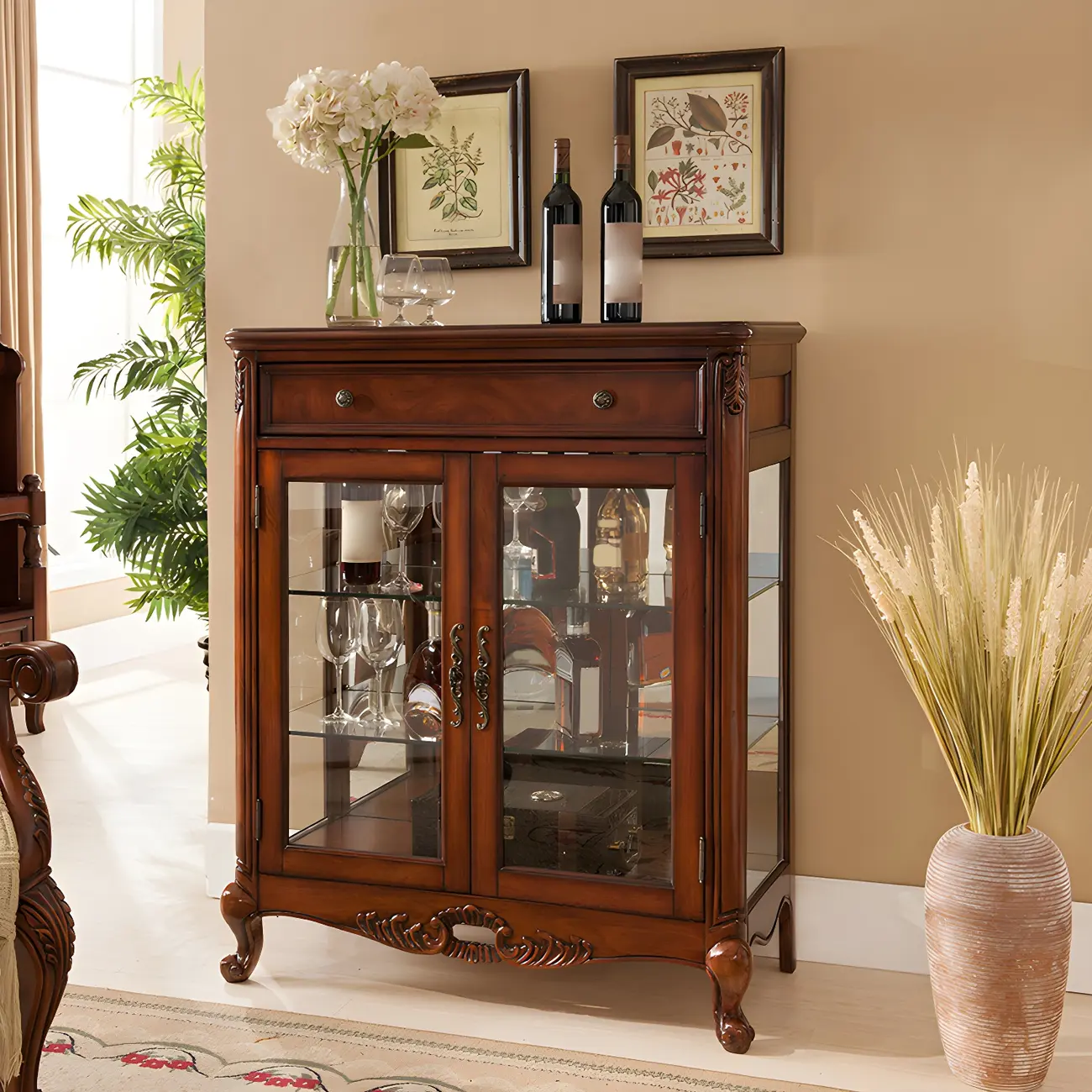 Traditional Wood Brown Glass Shelf Display Cabinet