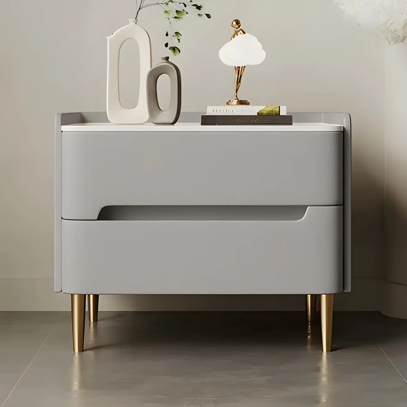 Elegant Green Wood Stone Top Gold Legs 2-Drawer Nightstand