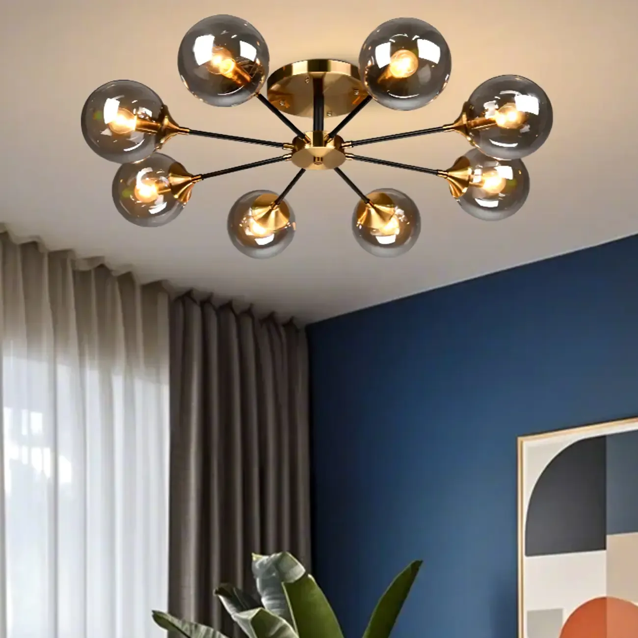 Large Smoke Grey Globe Glass Sputnik Semi Flush Ceiling Light