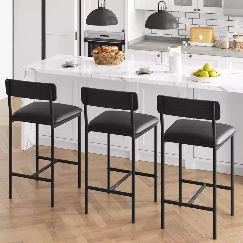 Bar Stools Set of 2, Kitchen Bar Stools with Footrest, PU Upholstered Counter Height Barstool, Bar Chairs for Kitchen Island, Counter