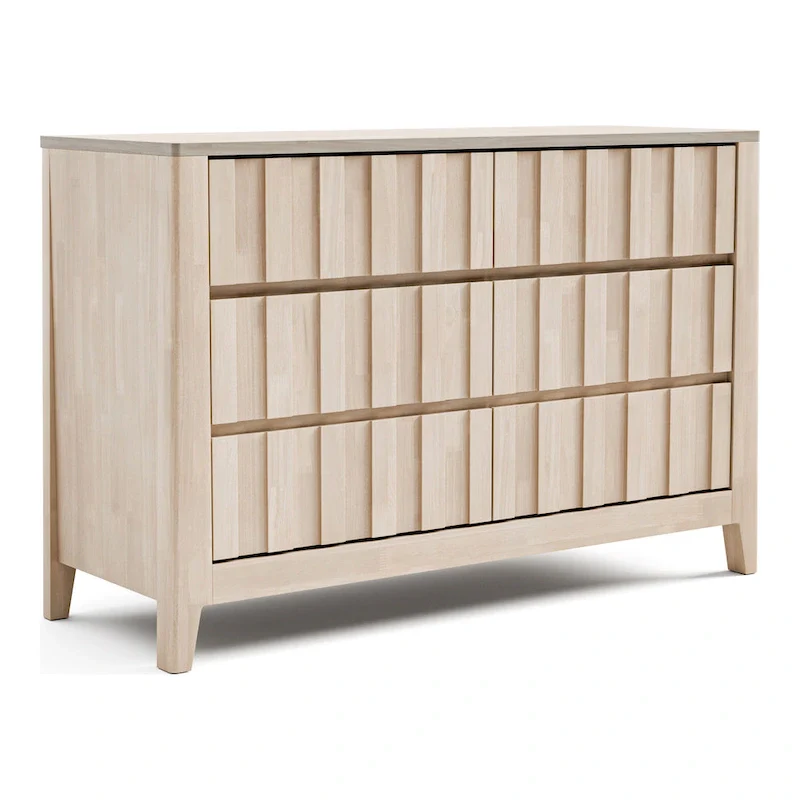Mid-Century Modern Off-White Solid Wood 6-Drawer Double Dresser