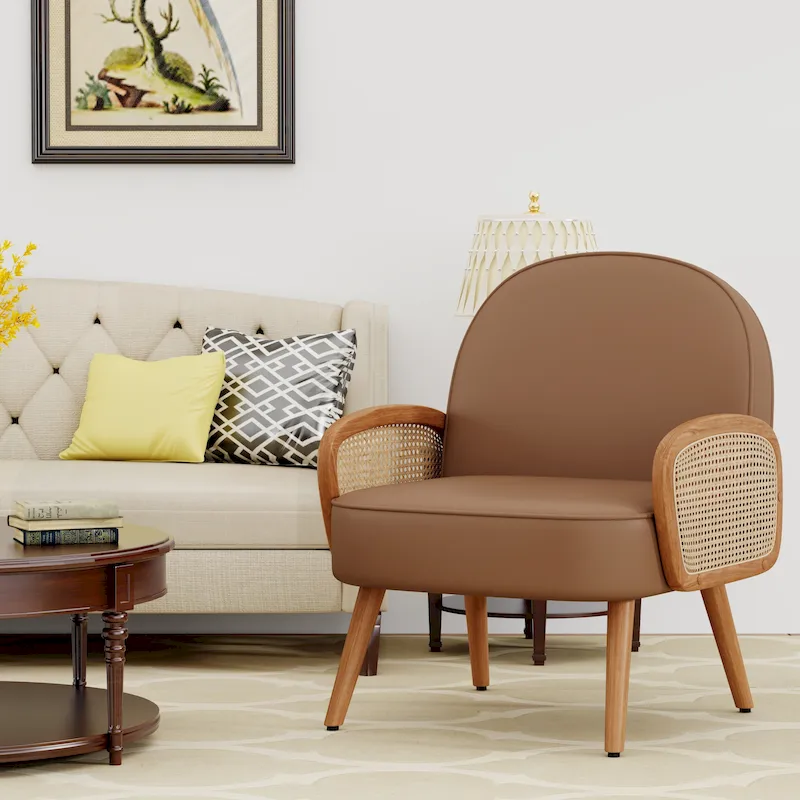 Accent Chair Armchair with Rattan Arms Upholstered Rattan Boho Accent Chair for Living Room Bedroom