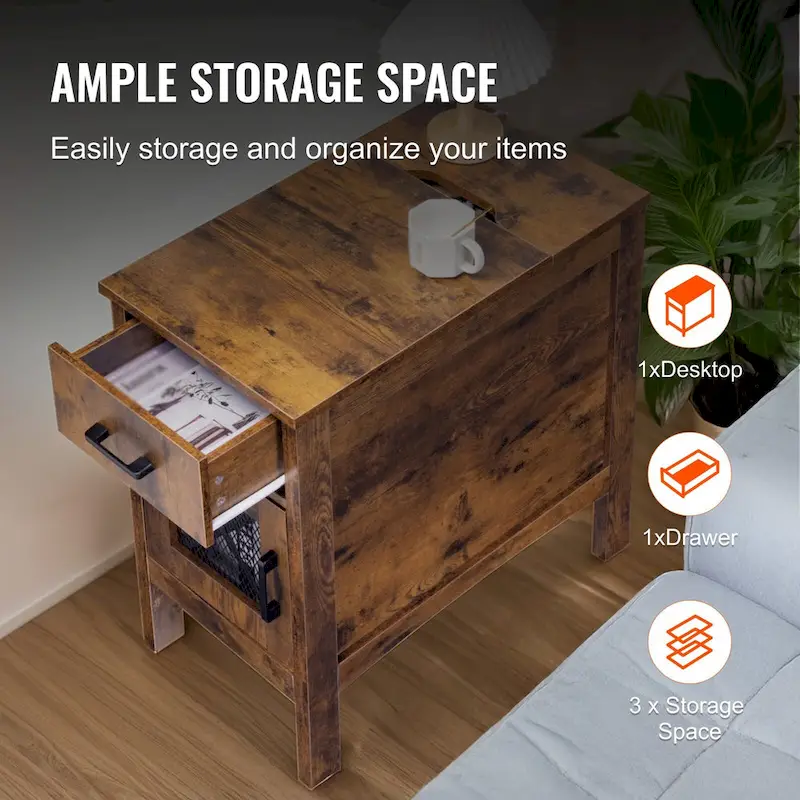 Natural Wood Particle Board End Table with Drawer and Power Strip - 23.98 L x 14.02 W x 24.02 H