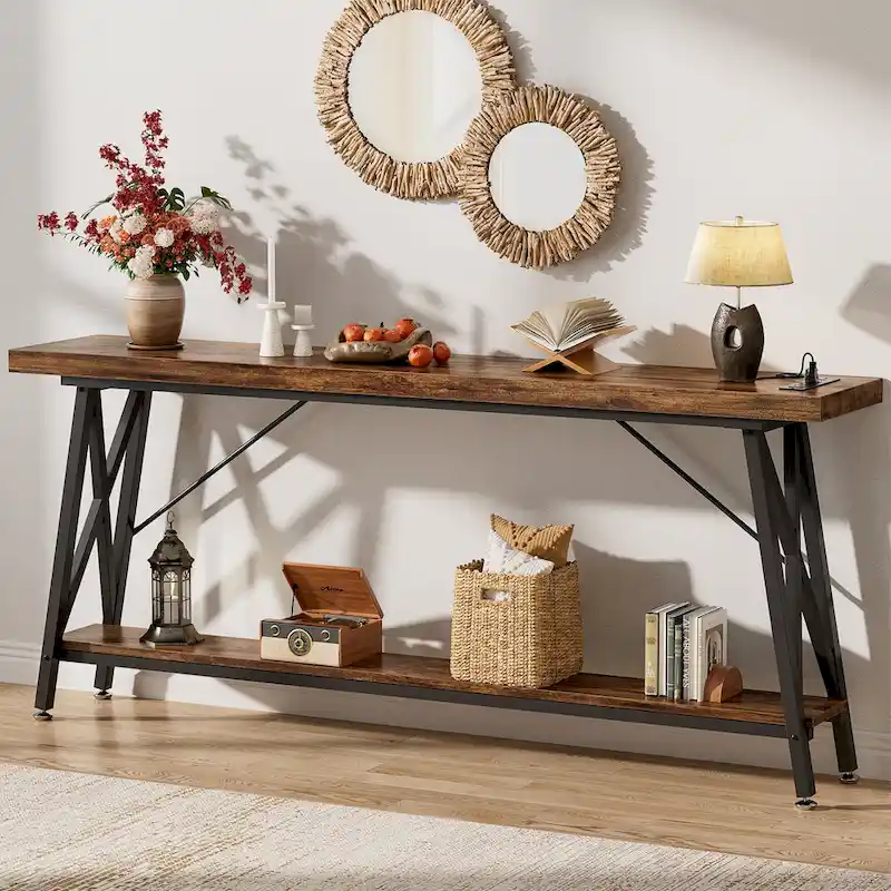 70.9 Extra Long Console Table Sofa Table with Charging Station and Storage Shelf,Industrial Hallway Entry Table