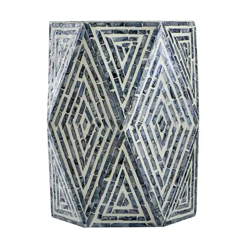 18 Inch Accent Table Stool, Hexagonal Design, Diamond Pattern, Blue, White