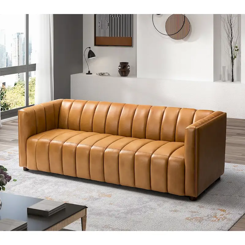 Olinto Modern Camel 83-Inch Genuine Leather Curved Couch with Channel Back by HULALA HOME