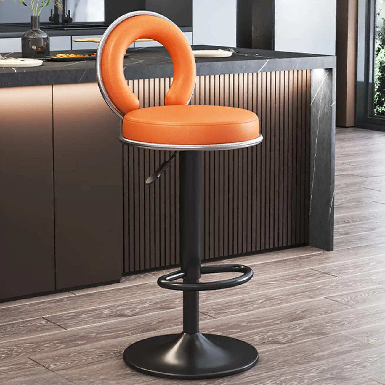 Glam Round Adjustable Leather Swivel Bar Stool with Back