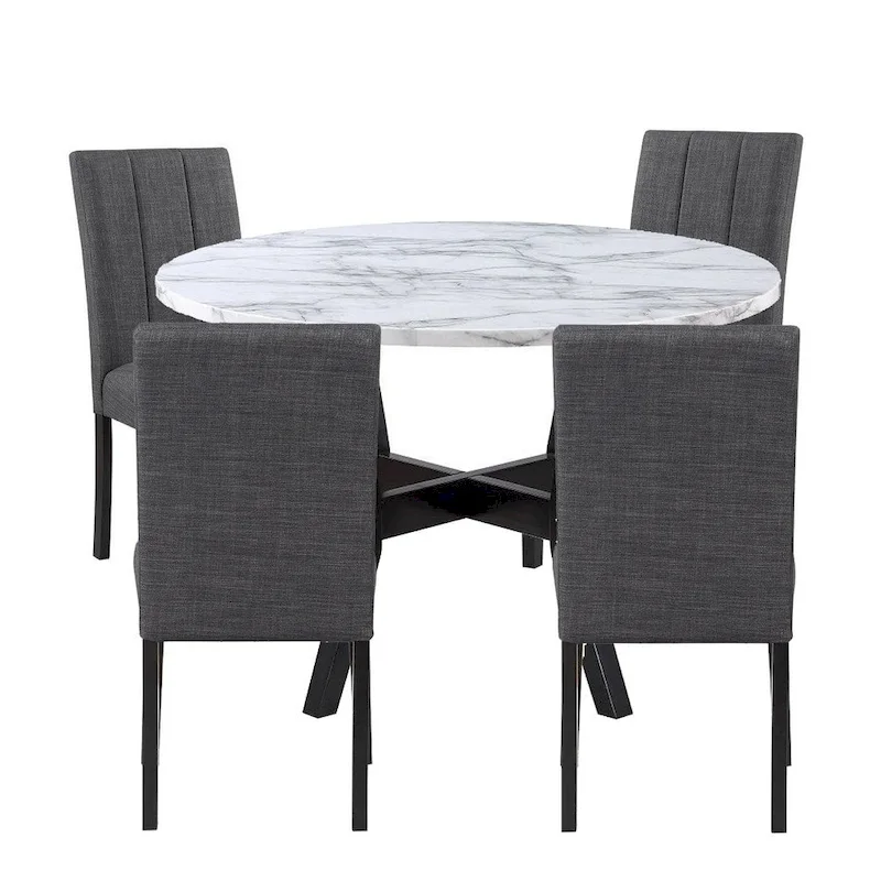 5 Piece Dining Table and Chairs Set, Black Wood, Fabric, Faux Stone Top