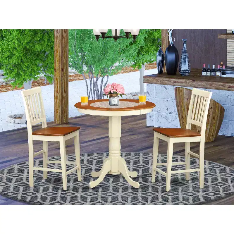 Round Pub Table Set, Mahogany/White, Seats 2, 3-Piece
