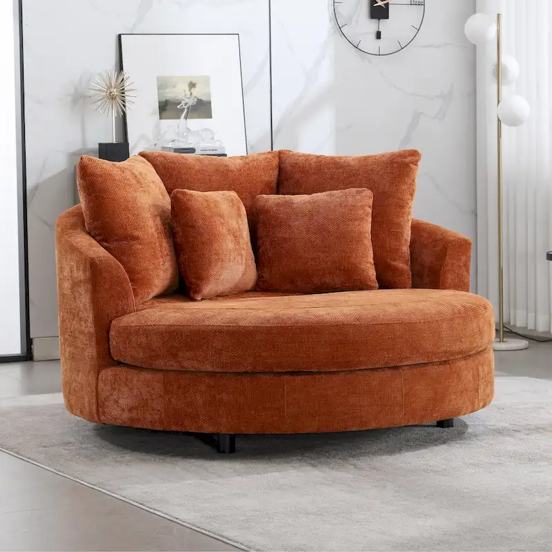 Modern Sofa Chair Round Accent Barrel Chair With 5 Pillows and Optional Ottoman