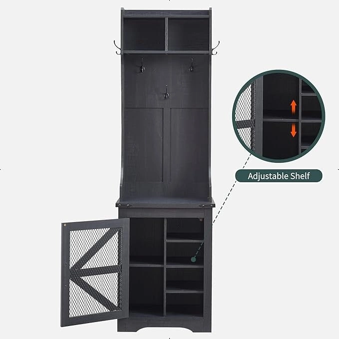 23 Wide Farmhouse Entryway Bench with Coat Rack, Hall Tree Cabinet