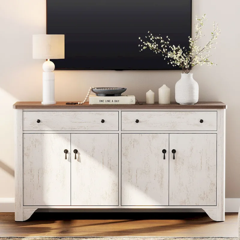 WAMPAT 59 Farmhouse TV Stand for 65 inch TV, Wood Entertainment Center with 2 Drawers and Storage Cabinets, Adjustable Shelves