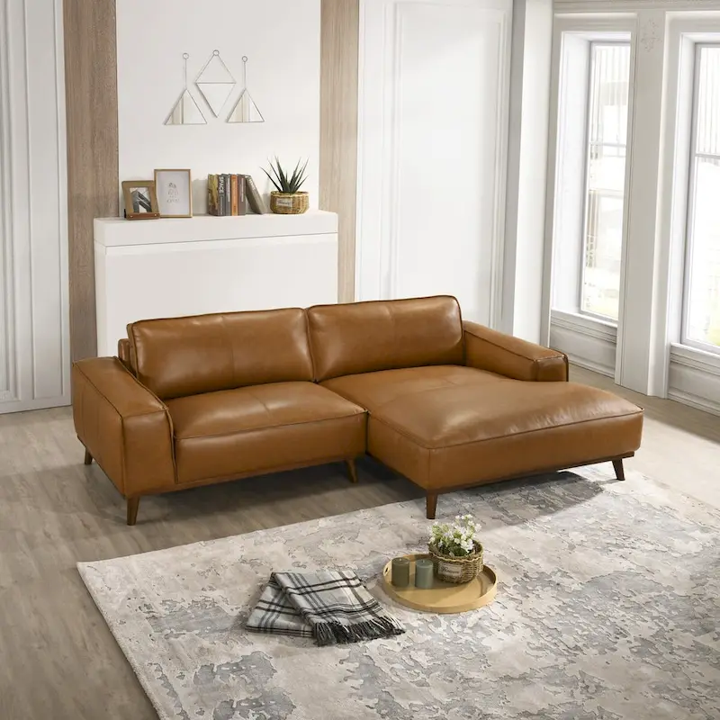 Mid-Century Modern Genuine Leather Sectional Sofa with High-Density Foam, Removable Legs for Living Room