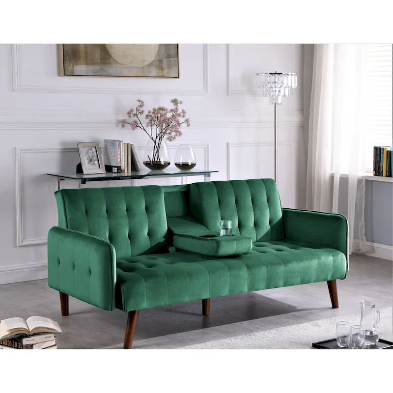 Tufted Linen Futon Sleeper Sofa – Grey / Blue / Green / Beige / Pink / Dark Grey, 2-Seat