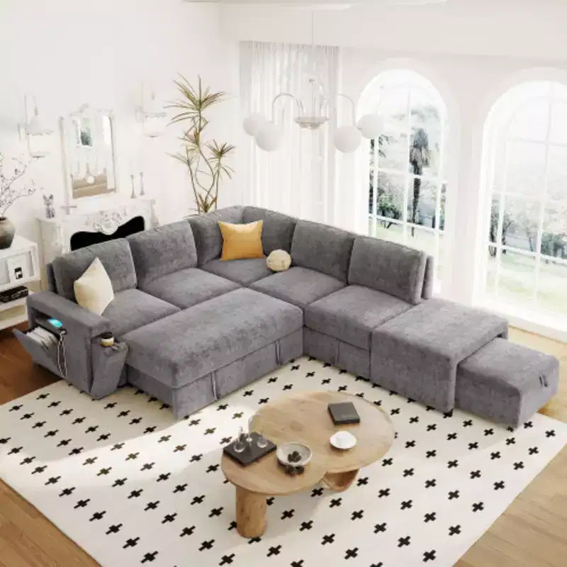 L-Shaped Modular Sofa with Storage, USB Charging, & Cup Holders for Living Rooms & Offices