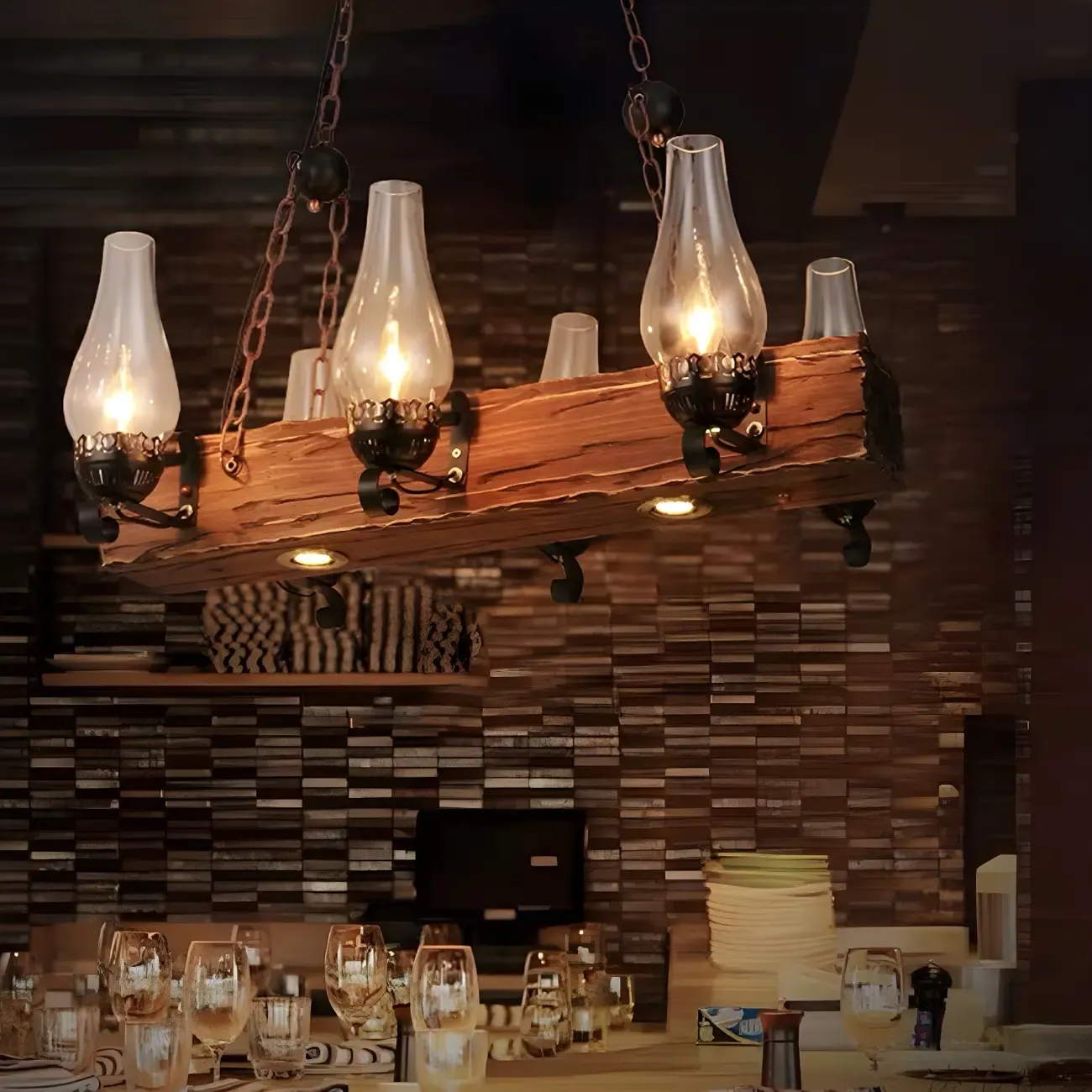 Industrial Rustic Wood Vintage Glass Rectangular Chandelier