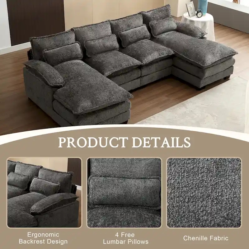 Chenille Upholstered U-Shaped Living Room Sectional Sofa With Wooden Legs