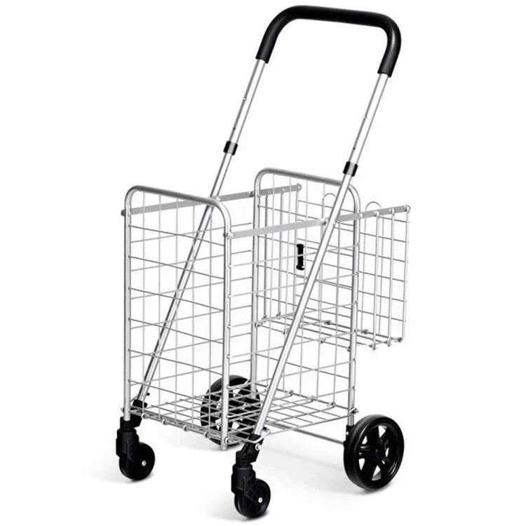 Folding Shopping Basket Rolling Trolley with Adjustable Handle
