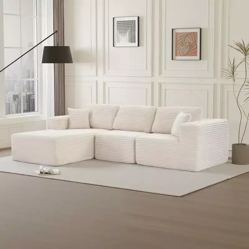 Dovelina Modular Plush Corduroy Sectional Sofa 3-Seat Sofa,Modern Comfy Upholstered Sofa L-Shape Couches with Soft Pillows
