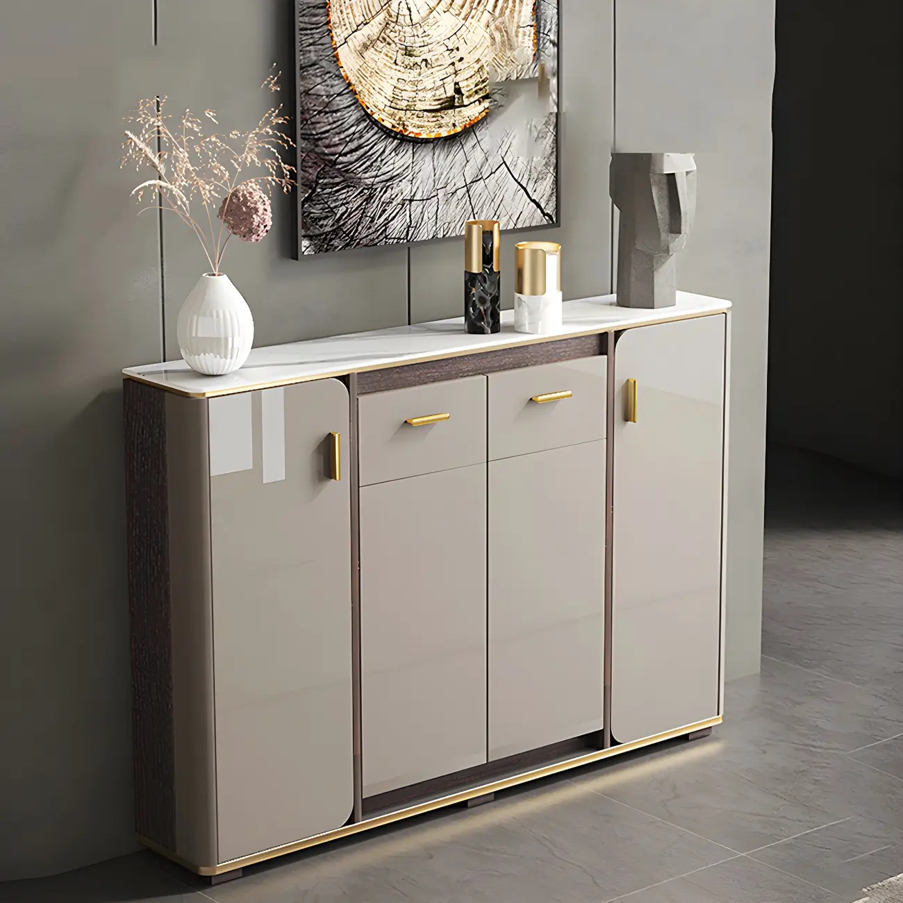Glam Off-White Stone Top Sideboard with Cabinets