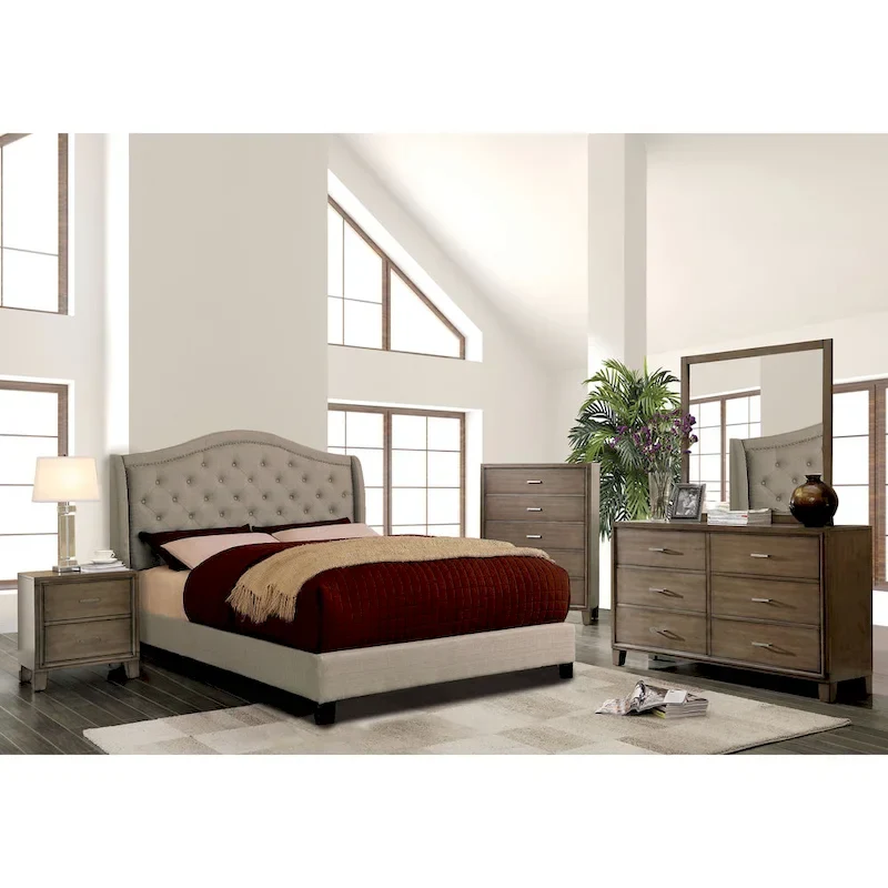 Furniture of America Wall Traditional Grey Fabric Tufted Platform Bed
