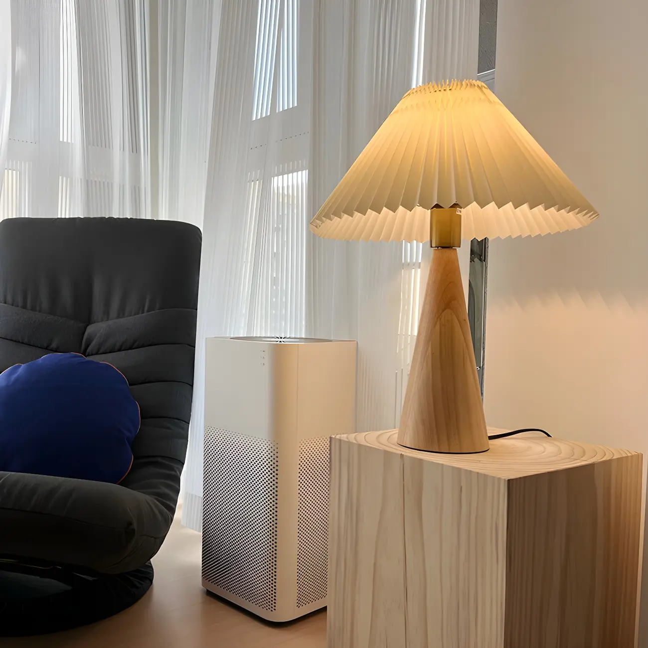 Modern Remote Wood Cone Bedside Table Lamp LED & Fabric