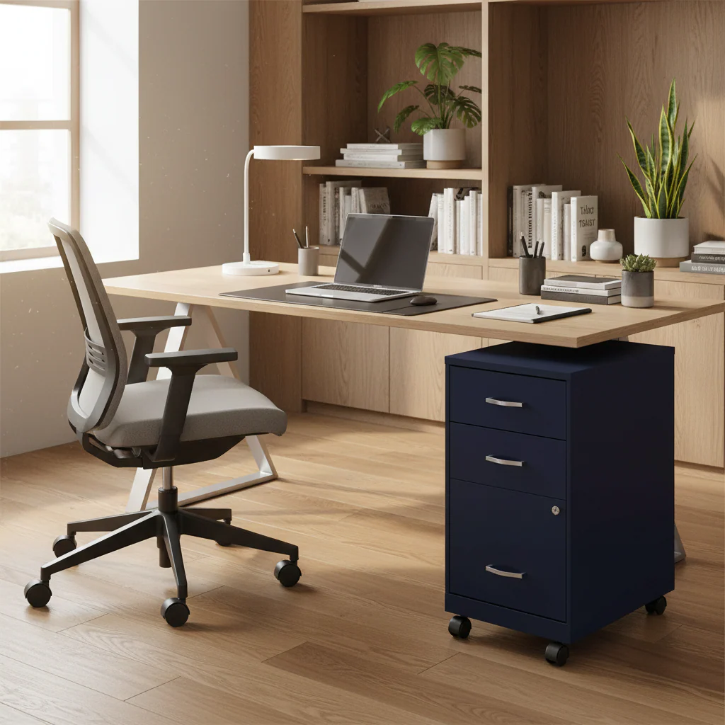 Blue 3-Drawer Mobile Metal File Cabinet with Lock & Casters