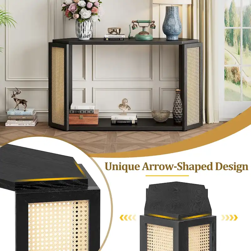 Arrow-Shaped Design Console Table Entryway Table with Open Shelf, Rattan Sofa Table Accent Table for Living Room Hallway