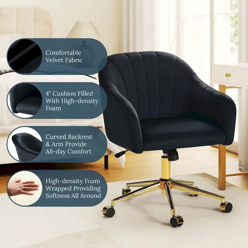 Farrah Velvet Tufted Adjustable Height Swivel Office Vanity Chair with Gold Base