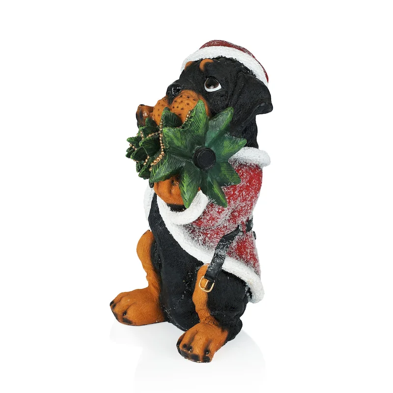 Christmas Santa Black and Tan Puppy Statue w/ Pine Tree - 11  H