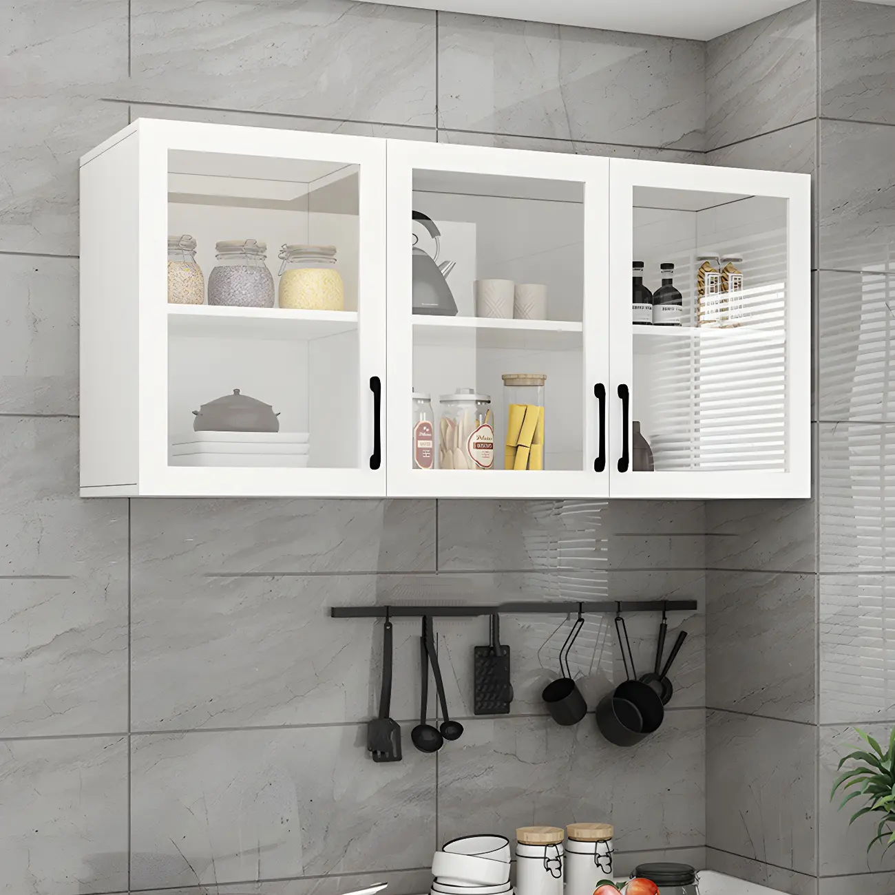 White Rectangular Wall-Mounted Wood China Cabinet