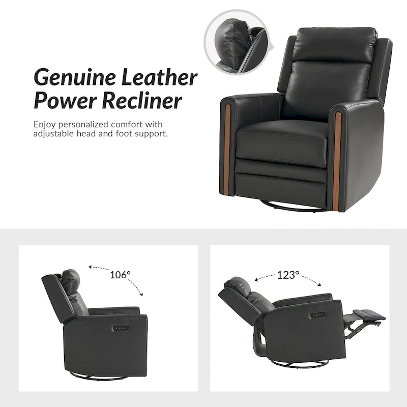 Jaime Modern Genuine Leather Rocking Swivel Power Recliner with Adjustable Headrest and Footrest by HULALA HOME